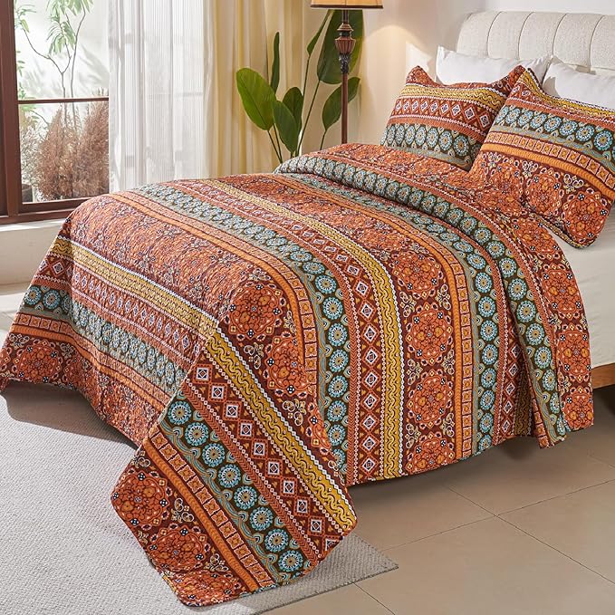 Cmfshape Orange Quilt Sets Bedspread Set 100% Cotton Boho Bedding Set, All Season Use Lightweight Reversible Coverlet Quilts with 1 Pillow Shams(Twin 68"x86")