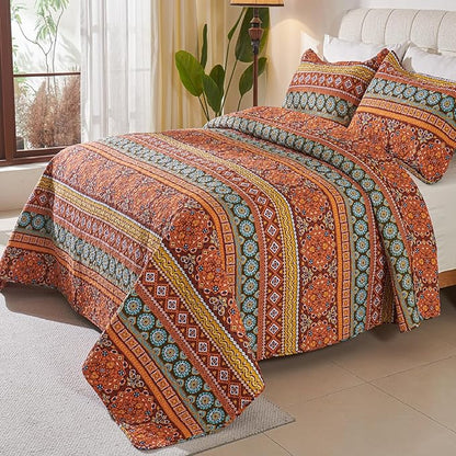 Cmfshape Orange Quilt Sets Bedspread Set 100% Cotton Boho Bedding Set, All Season Use Lightweight Reversible Coverlet Quilts with 1 Pillow Shams(Twin 68"x86")