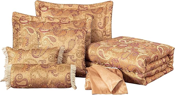 Chezmoi Collection Adelle 7-Piece Paisley Jacquard Embroidered Comforter Bedding Set, Queen Size
