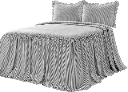 Lush Decor Ticking Stripe Bedspread Black Vintage Chic Farmhouse Style Lightweight 3 Piece Set, Queen