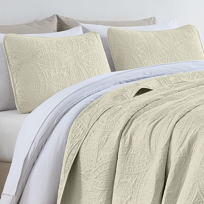 Chezmoi Collection Austin 3-piece Oversized Bedspread Coverlet Set (King, Ivory) | Oversized, Lightweight, Fade Resistant