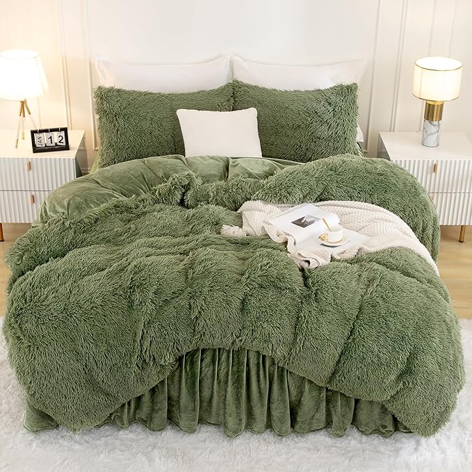 Andency Faux Fur Sage Green Comforter Set Full Size, 3 Pieces Fluffy Fuzzy Plush Bedding Comforter Set (1 Shaggy Velvet Comforter & 2 Pillowcases), Soft Puffy Comfy Down Comforter Bedding Set