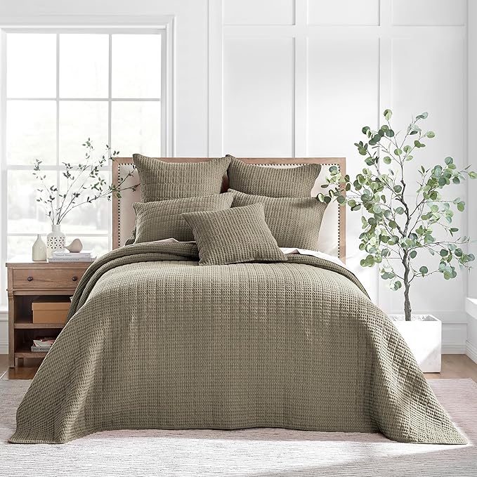 Levtex Home Mills Waffle Twin Bedspread Set (84x104in) with 1 Pillow Sham (26x20in) - Taupe - Cotton Waffle Twin Size Bedspread Set - Lightweight, Soft, Pre-Washed
