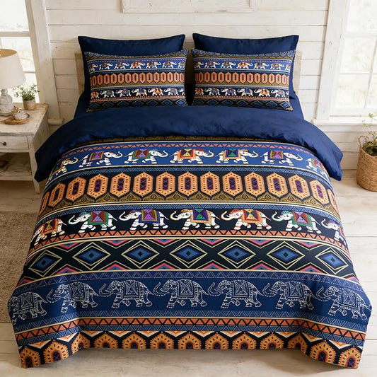 Navy Blue Comforter Set Full Size, Boho Aztec Bedding Set for Tribal & Ethnic Style Bedroom, 3Pieces Soft 100% Microfiber Lightweight Comforter Set with 2 Pillowcases, 79"x90"