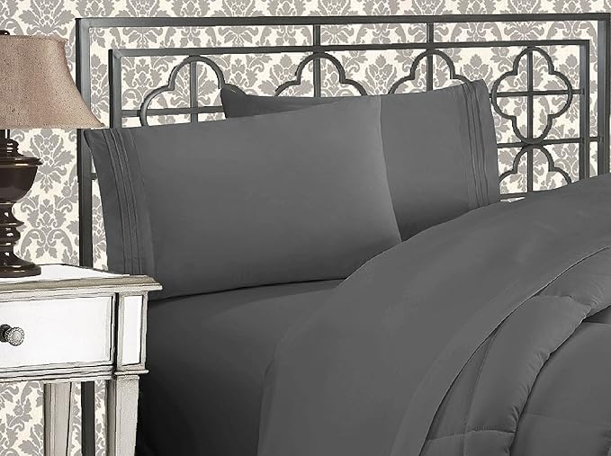 Elegant Comfort Luxurious 1500 Premium Hotel Quality Microfiber Three Line Embroidered Softest 4-Piece Bed Sheet Set, Wrinkle and Fade Resistant, California King, Gray