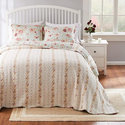 Greenland Home Antique Rose Jumbo Oversized 100% Cotton Bedding Set, Bedspread 110 W x 118 L with 2 Shams 20 W x 26 L Each, Queen (3 Piece), Blue