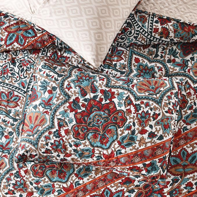 HORIMOTE HOME Boho Quilt Queen Size, Reversible Bohemian Style Twill Strip Floral Quilt Beddding Set, Colorful and Soft Bedspread Full Size Quilt Coverlet for All Season, 2 Pillow Shams (3 Pieces)