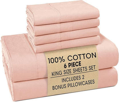Casa Platino 100% Cotton King Size Sheets Set – 6 Piece Crisp Percale King Size Cooling Sheets, Lightweight for Summer, with 15" Deep Pocket Fitted Sheet Nightly Comfort & Airy Sleep – Veiled Rose