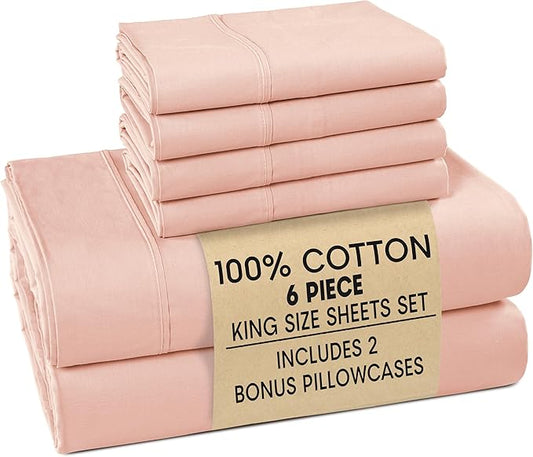 Casa Platino 100% Cotton King Size Sheets Set – 6 Piece Crisp Percale King Size Cooling Sheets, Lightweight for Summer, with 15" Deep Pocket Fitted Sheet Nightly Comfort & Airy Sleep – Veiled Rose