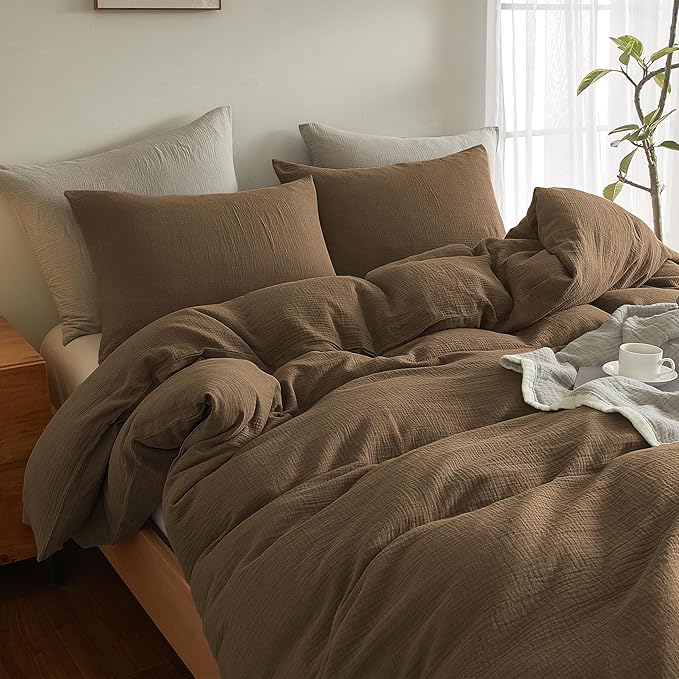 SE SOFTEXLY Muslin Duvet Cover California King Size, 100% Washed Cotton Duvet Cover Set, Soft Comforter Cover Linen Like, 3 Pieces Minimalist Gauze Duvet Cover with 2 Pillowcases, 98"x104", Dark Brown