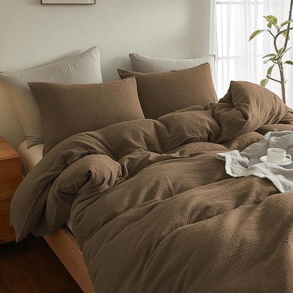 SE SOFTEXLY Muslin Duvet Cover California King Size, 100% Washed Cotton Duvet Cover Set, Soft Comforter Cover Linen Like, 3 Pieces Minimalist Gauze Duvet Cover with 2 Pillowcases, 98"x104", Dark Brown