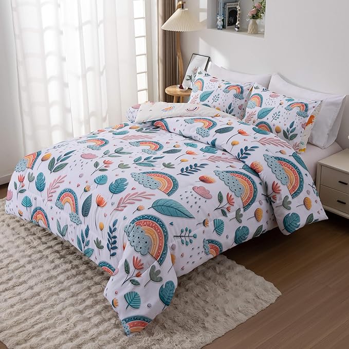Btargot Lightweight Soft 3 Piece Rainbow Comforter Set with 2 Pillow Covers, Cartoon Leaves Flowers Bedding Set for Girls Boys Kids, Full Green