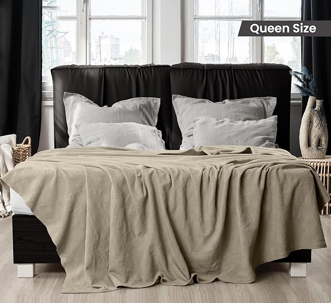 Utopia Bedding Khaki 100% Cotton Blanket [Queen Size - 90x90 Inch] Lightweight, Soft and Breathable Thermal Blanket for All Seasons