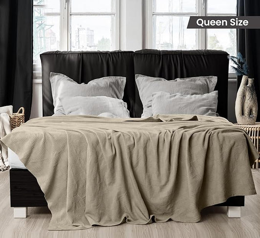 Utopia Bedding Khaki 100% Cotton Blanket [Queen Size - 90x90 Inch] Lightweight, Soft and Breathable Thermal Blanket for All Seasons