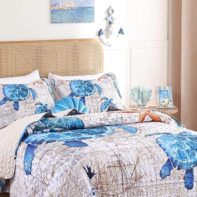 weigelia Coastal Quilts Bedding Set Queen Size - Summer Vintage Sea Turtles Nautical Bedding Quilt with Pillow Cases, Beach Reversible Quilt Set Bedspreads Coverlet Soft Lightweight Comforter