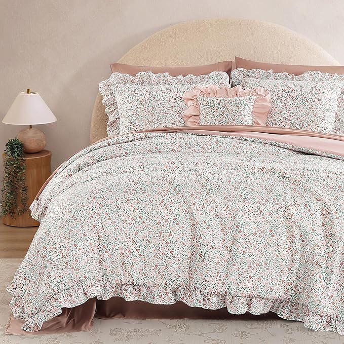 Queen Comforter Set - 7 Pieces Ruffle Pink Ditzy Bedding Sets, Shabby Chic Farmhouse Bed in a Bag Queen with Floral Comforter, Sheets, Pillowcases & Shams