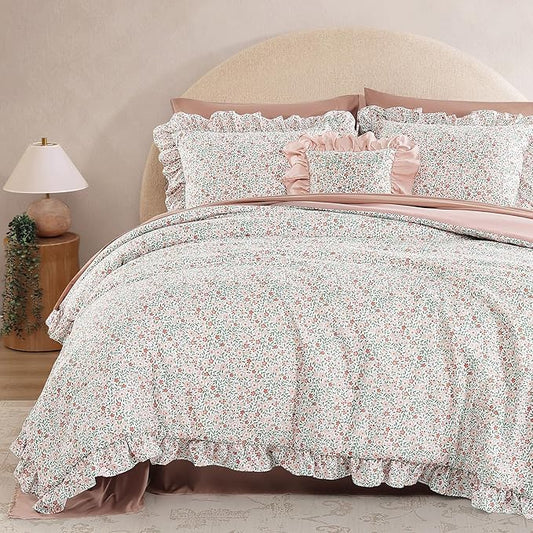Queen Comforter Set - 7 Pieces Ruffle Pink Ditzy Bedding Sets, Shabby Chic Farmhouse Bed in a Bag Queen with Floral Comforter, Sheets, Pillowcases & Shams