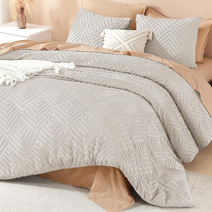 Litanika Linen Grey King Size Comforter Set, 3 Pieces Tufted Boho Farmhouse Bedding Comforter Sets, Lightweight Fluffy Comforter Bed Set for All Season (104x90In Comforter and 2 Pillowcases)