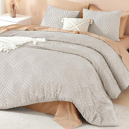 Litanika Super King Plus Comforter Linen Grey, 3 Pieces Tufted Boho Farmhouse Bedding Comforter Set, Lightweight Fluffy All Season Comforter Set (120x128In Comforter & 2 Pillowcases)