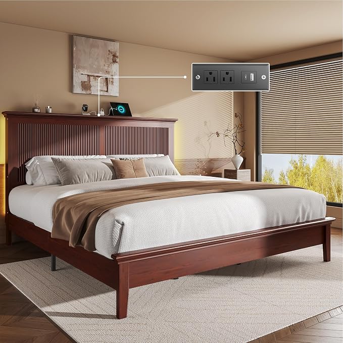 Lifezone King Bed Frame with Headboard, Solid Wood Bed Frame King Size with Charging Station & RGB LED, Wood Slats Support, Noise-Free, Sturdy Structure, Easy Assembly, Mahogany