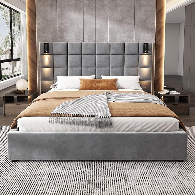 Merax Upholstered Queen Bed, with Reading Lamp and USB Port, Wide Velvet Headboard, (Without Bedside Tables and Mattress), Grey