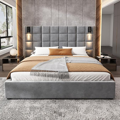 Merax Upholstered Queen Bed, with Reading Lamp and USB Port, Wide Velvet Headboard, (Without Bedside Tables and Mattress), Grey