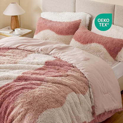 Intelligent Design Soft & Cozy Shaggy Faux Fur Comforter Set, Trendy Ombre Design with Vibrant Color, All Season, Down Alternative Bedding, Matching Sham, Cassie, King/Cal King Blush Multi 3 Piece