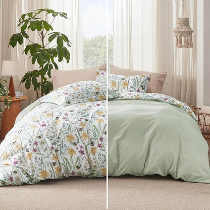 Bedsure Duvet Cover King Size - Reversible Floral Patterned Duvet Cover Set with Zipper Closure, 3 Pieces Green Bedding Set with 8 Corner Ties and 2 Pillow Shams 20"x36"