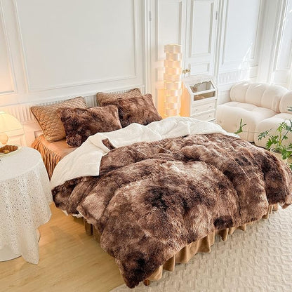 Luxury Faux Fur Shaggy Comforter Set Full/Queen Size, Plush & Sherpa Reversible Comforter Tie Dye Coffee, 3 Pieces Fluffy Fuzzy Bedding Set Ultra Soft and Warm for Winter (1 Comforter + 2 Pillowcases)
