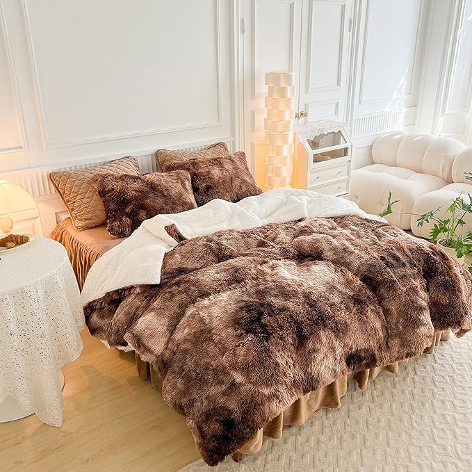 Luxury Faux Fur Shaggy Comforter Set Twin Size, Plush & Sherpa Reversible Comforter Tie Dye Coffee, 3 Pieces Fluffy Fuzzy Bedding Set Ultra Soft and Warm for Winter (1 Comforter + 2 Pillowcases)