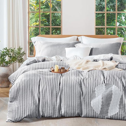 MILDLY Dark Grey Striped Duvet Cover - 100% Washed Cotton Jacquard Textured Comforter Cover with Dual Zipper Closure & 8 Coner Ties