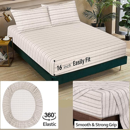RUVANTI 100% Cotton Sheets – Twin XL Size Percale Bedding, Cooling & Breathable Floral Design, Durable with a Crisp, Soft & Comfortable Feel, 16" Deep Pocket, 3-Piece Set, Brown Stripes