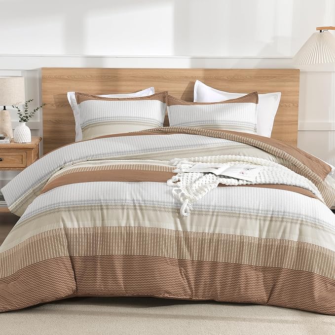 Litanika Queen Comforter Set Beige - 3 Pieces Lightweight Taupe Khaki White Colorblock Stripe Fluffy Bedding Comforter Sets, All Season Bed Set