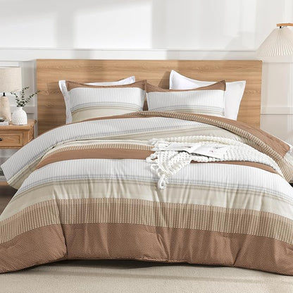 Litanika Full Size Comforter Sets Beige, 3 Pieces Lightweight Taupe Khaki White Colorblock Stripe Fluffy Bedding Comforter Sets, All Season Bed Set