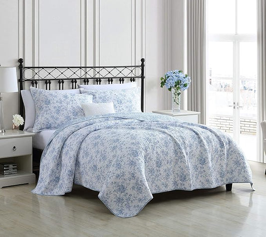 Laura Ashley - King Quilt Set, Soft & Reversible Cotton Floral Bedding with a Medium Weight Feel, 3 Piece Bed Set with Matching Pillowcases (Walled Garden Blue)