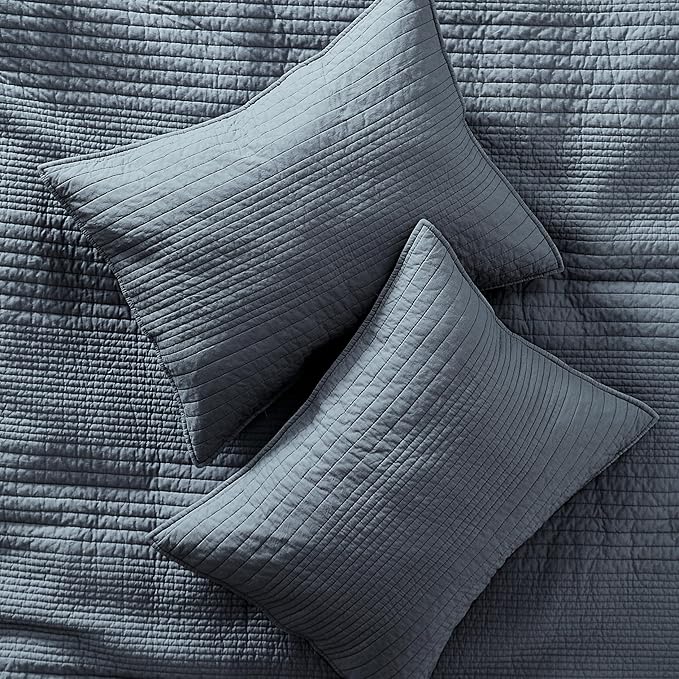 palassio Striped Blue Grey 100% Cotton Quilt King Size Bedding Sets, Lightweight Crinkly Channel Pick Stitch Textured Bedspread Soft Shabby Chic Farmhouse Country Coverlet for All Season, 2 Shams