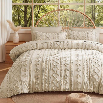 MR&HM Tufted Boho Comforter Set California King, Linen Farmhouse Bedding Set, Bed in a Bag Set 7 Pieces with 1 Comforter, 2 Pillow Shams, 2 Pillowcases, 1 Flat Sheet, 1 Fitted Sheet for All Seasons
