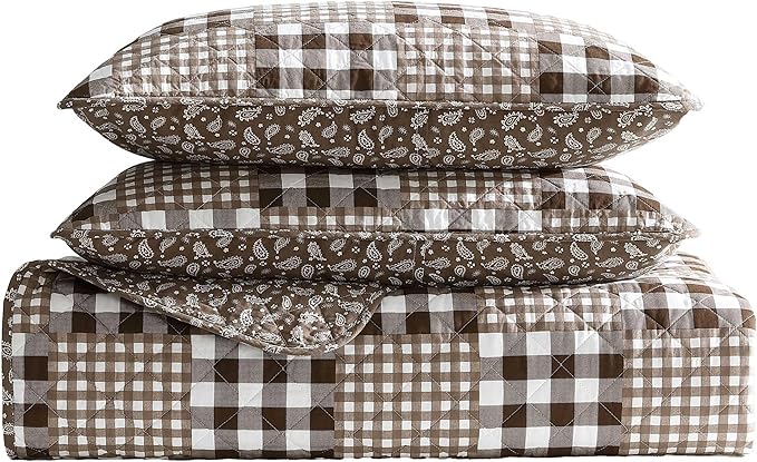 Eddie Bauer - Full/Queen Quilt Set, Reversible Bedding with Matching Shams, Patchwork Luxurious Bedding Set (Gingham Patchwork Brown, Full/Queen)