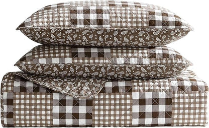 Eddie Bauer - Full/Queen Quilt Set, Reversible Bedding with Matching Shams, Patchwork Luxurious Bedding Set (Gingham Patchwork Brown, Full/Queen)