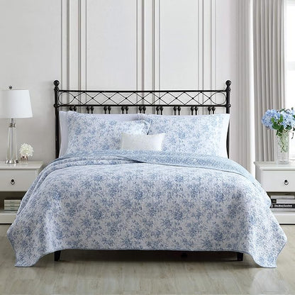 Laura Ashley - Full/Queen Quilt Set, Reversible Cotton Bedding with Matching Sham, Medium-Weight for Year Round Use, Floral Print Bed Set (Walled Garden Blue)