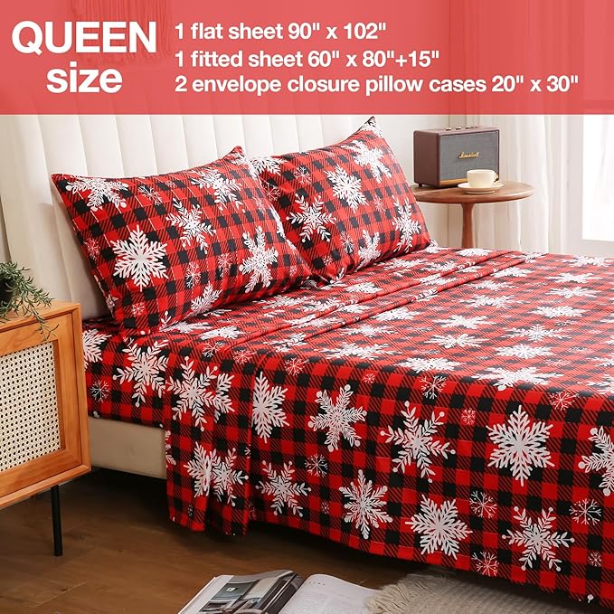 JSD Red Buffalo Plaid Snowflakes Sheet Set Queen Size, 4 Piece Christmas Winter Microfiber Bedding Sheets Extra Deep Pocket