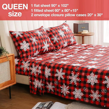 JSD Red Buffalo Plaid Snowflakes Sheet Set Queen Size, 4 Piece Christmas Winter Microfiber Bedding Sheets Extra Deep Pocket