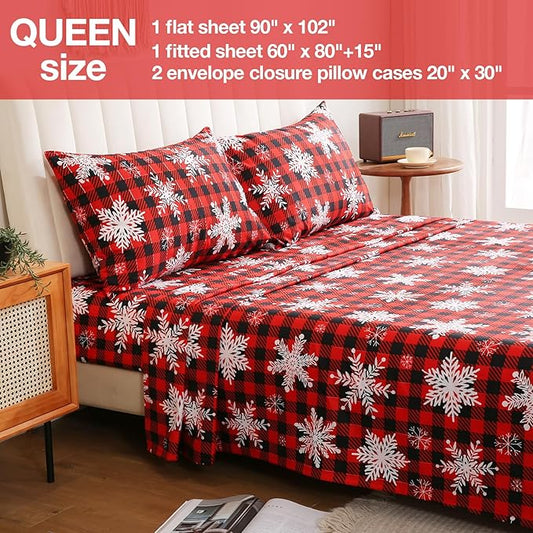 JSD Red Buffalo Plaid Snowflakes Sheet Set Queen Size, 4 Piece Christmas Winter Microfiber Bedding Sheets Extra Deep Pocket