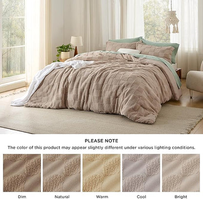 Bedsure Twin/Twin XL Size Comforter Set Khaki, Boho Tufted Bed Set, Checkered Farmhouse Shabby Chic Bedding, 2 Pieces, 1 Plaid Geometric Comforter and 1 Pillow Sham