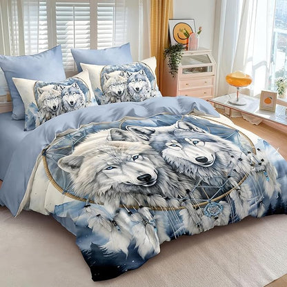 Grey Wolf Comforter Set King Size,Grey and White Dreamcatcher Soft Bedding for Adult,Wild Animal Print Lightweight Microfiber Comforter with 2 Pillowcases/104 * 90