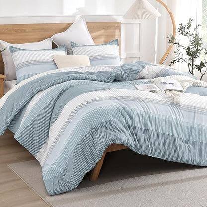 Litanika Comforter Set - Lightweight Quilt Bedding Comforter Sets, Colorblock Stripe Fluffy Bed Set, All Season Down Alternative, Twin/Twin XL Light Blue