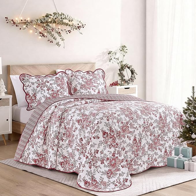 Wonderful 100% Cotton Red Floral Bedspread Set Queen Size, Quilt Bedding Sets with Pillow Shams, 3 Pieces Botanical Coverlet Set, Quilted Blanket Bed Cover for All Season, 102"x118"