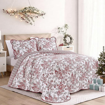 Wonderful 100% Cotton Red Floral Bedspread Set Queen Size, Quilt Bedding Sets with Pillow Shams, 3 Pieces Botanical Coverlet Set, Quilted Blanket Bed Cover for All Season, 102"x118"