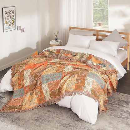 Boho Throw Blanket for Bed 90”x98”, 100% Cotton Woven Blanket for Couch Sofa, Ultra Soft 4-Layer Muslin Quilt with Patchwork Floral Printed, Farmhouse Bed Blanket/Cover for Living Room Decor