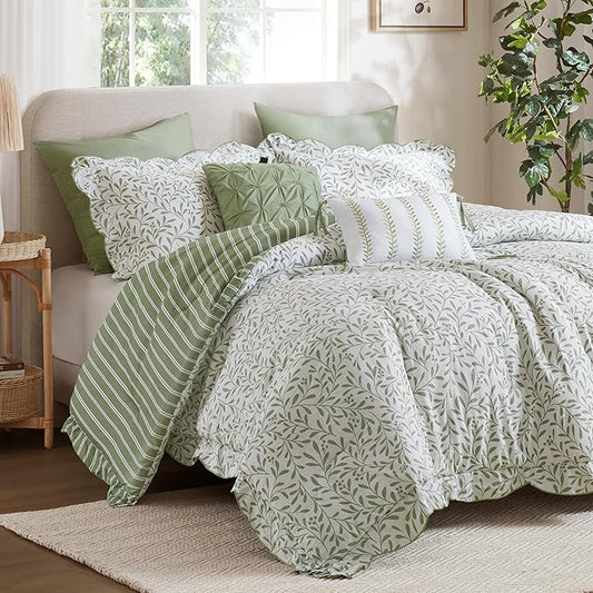 Madison Park 5-Piece Reversible Botanical Comforter Set - Summer Floral Print with Scalloped Edges, Lightweight Bedding with Decorative Pillows, King, Sage Green | Reversible, Lightweight